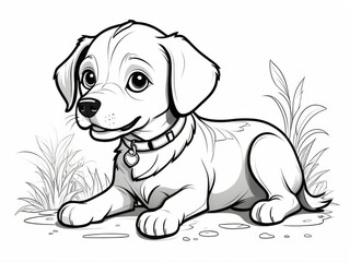 Fototapeta premium Childrens coloring book cartoon family on nature. The puppy smiles and waves his tail