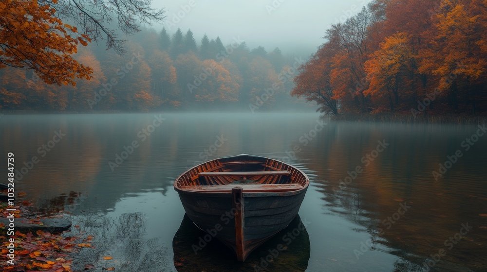 Aufkleber a solitary wooden boat rests gently on the calm waters of a misty lake, framed by trees adorned in b