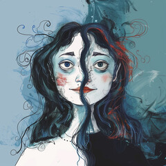 two-faced happy sad woman manic depression or schizophrenia concept