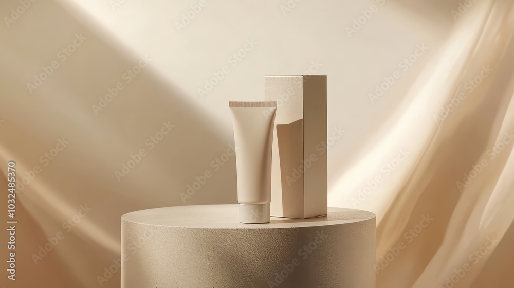 Poster Beige-colored cosmetic tube and its matching box placed on a cylindrical pedestal with a soft, beige fabric background