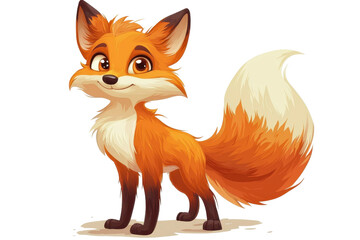 Obraz premium Adorable cartoon fox with fluffy tail and bright eyes, standing confidently. A perfect illustration for children's books or playful designs.