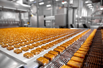 Candy production at a candy factory. Sweets on the conveyor belt. Industrial production, factory