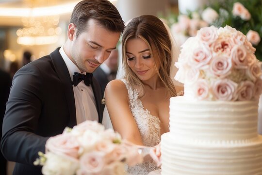 Elegant bride and groom cutting a beautifully decorated wedding cake surrounded by pink roses in a luxurious venue.