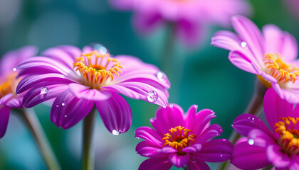 Fototapeta premium Beautiful macro shot of magic flowers.Border art design. Magic light.Extreme close up photography.Conceptual abstract image.Violet and Pink Background.Fantasy Art.Creative Wallpaper.Water Drop isola