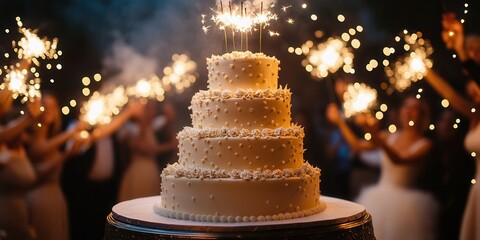 Elegant three-tier wedding cake adorned with candles, surrounded by a festive crowd holding sparklers in a celebratory night setting.