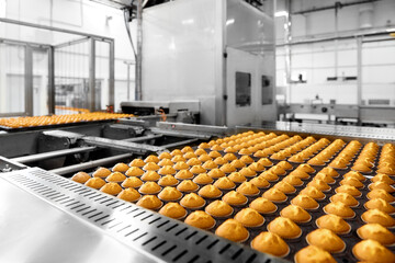 Muffins on a container tape. Confectionery shop