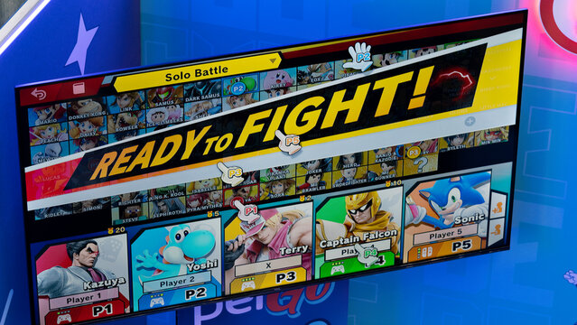 Budokan Geek Convention In GUAYAQUIL, ECUADOR - 
OCT 13, 2024 - Close-up of a screen showing the character selection in Super Smash Bros. during a video game tournament at a geek convention.