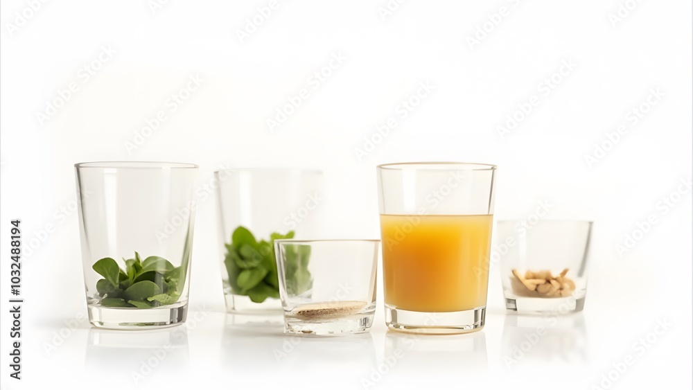 Poster White background image features glasses with ingredients and space for text created with generative AI technology.