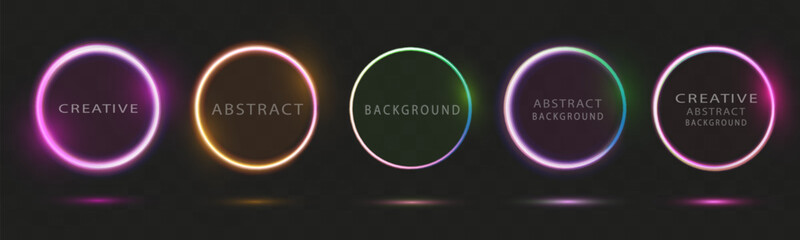 Vibrant Neon Gradient Frames: Set of Glowing Round Futuristic Design Elements. Radiant Geometric Shapes, Modern Icon Collection. Illuminated Circle with Light Effects. Blue Portal and Platform