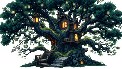 Fantasy tree house isolated with white highlights, png