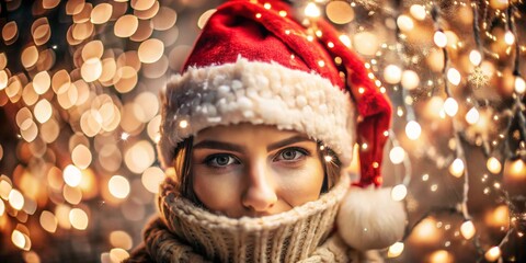 gorgeous women wearing a red Santa hat and smiling. generative ai