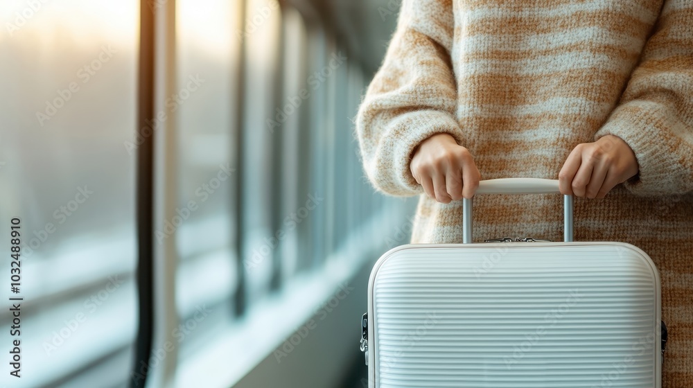 Wall mural a person dressed in a cozy sweater holds a white suitcase on a scenic train journey, capturing the e