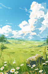 Obraz premium Anime style landscape of summer fields with green grass and clouds wonderful summer feeling