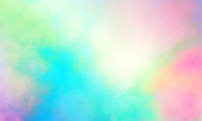 Colorful watercolor background of abstract sunset sky with puffy clouds in pastel rainbow colors of pink blue yellow orange and