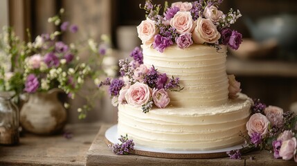 Elegant two-tier wedding cake adorned with pink and purple flowers, set in a rustic wooden environment, perfect for celebrations.