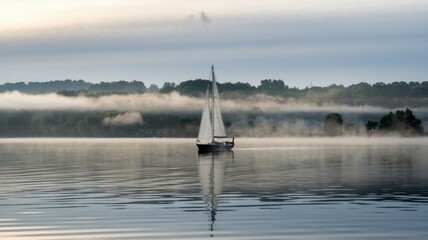 Sailboat gliding over calm water with misty landscape in the background.
