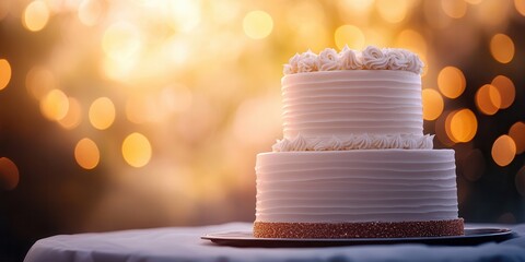 Elegant two-tier white wedding cake on a table with glowing bokeh lights in the background, creating a romantic and festive atmosphere.