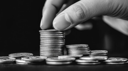 A symbolic shot of a hand stacking coins on a dark surface, evoking themes of finance, prosperity, and investment.