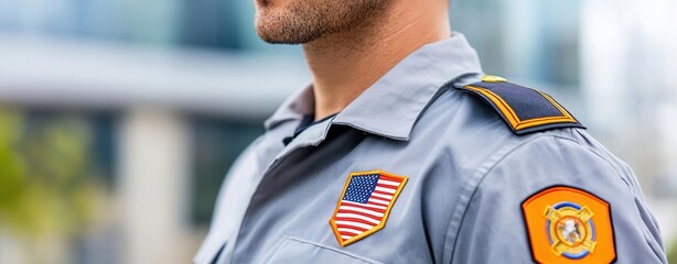 Obraz premium Close-up of a security officer in uniform, showing badges and insignia.