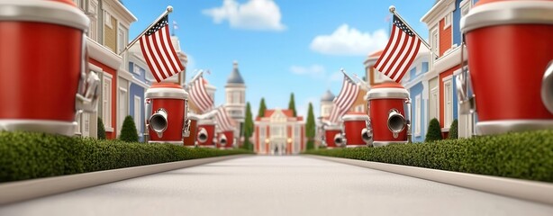 Colorful street scene with American flags and charming architecture.