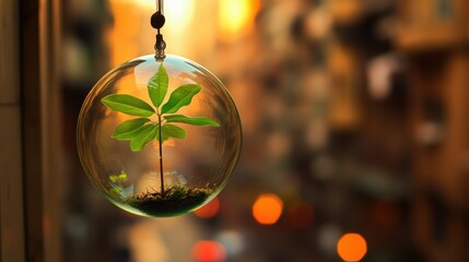 A vibrant green plant grows within a glass bubble, symbolizing eco-friendliness and the balance of nature in an urban environment.
