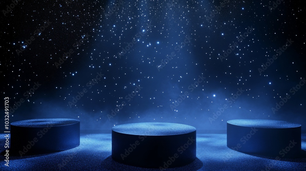 Aufkleber three round, black podiums are evenly spaced on a dark, glittery surface. a single spotlight shines 