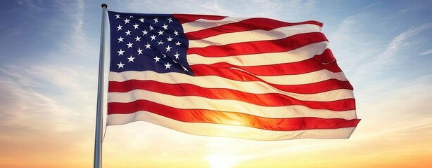 American flag waving against a sunset sky, symbol of patriotism and freedom.