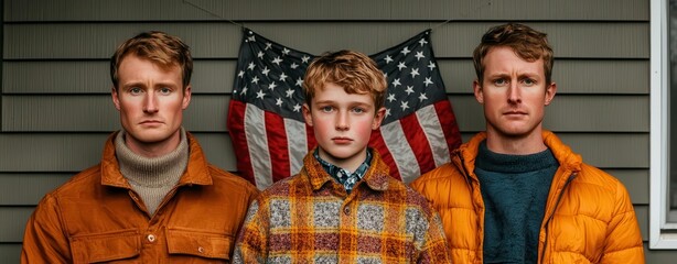 Three men in warm jackets standing in front of an American flag backdrop.