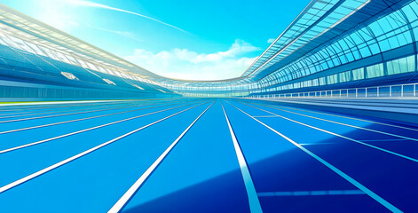 A blue running track with white lines, the overall view of which is a long strip.