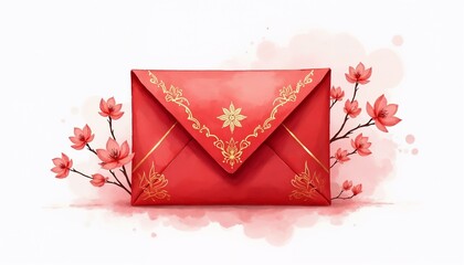 Red decorative envelope with floral design on soft background and copy space