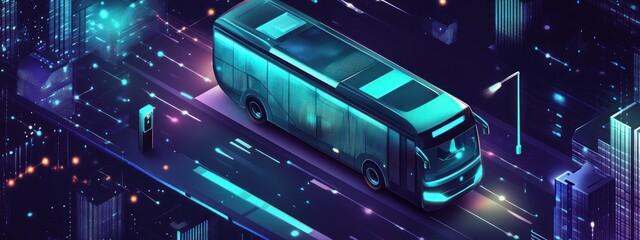 Fototapeta premium Futuristic electric bus drives on a glowing road in a city with charging station.