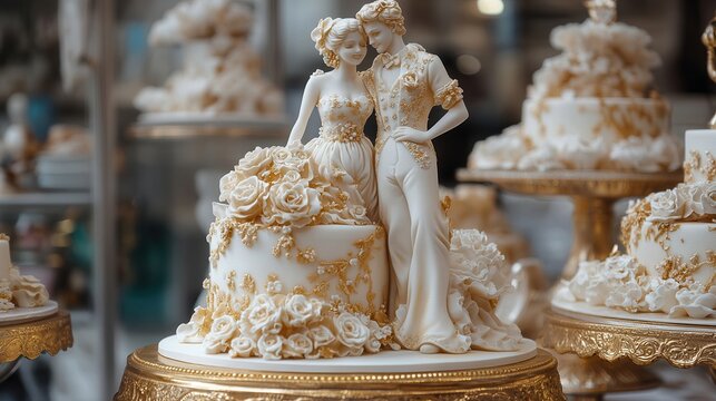 Elegant wedding cake with intricate golden details and romantic bride and groom topper, perfect for a luxurious celebration. - Powered by Adobe