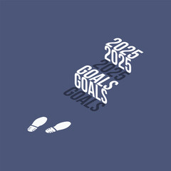 2025 goals Isometric stairs text effect with footprints isolated on blue future dusk background, Vector Illustration.