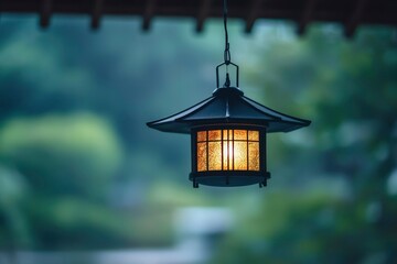 A Hanging Lantern Emits Warm Light Against a Blurred Background of Greenery