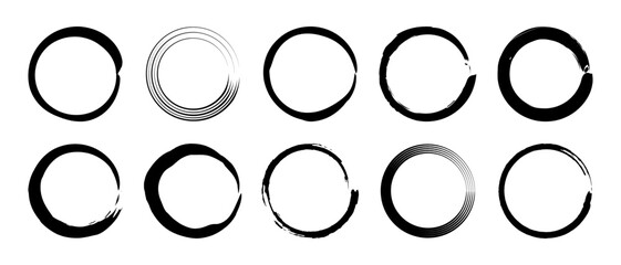 Grunge circle stroke template set design element vector frames in black color. Set of circle frames with paintbrush scratch textures, ink brushes, logo grunge style, black grunge circle strokes set.	