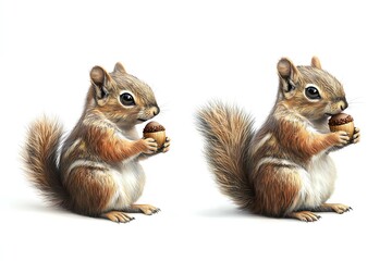 Squirrel holding an acorn, white isolate background