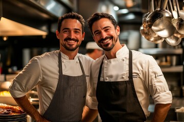 Obraz premium Restaurant manager with chef in kitchen, Generative AI
