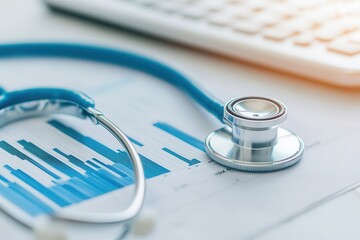 A stethoscope rests on financial charts and a computer keyboard, merging healthcare and data analysis in a modern medical setting.