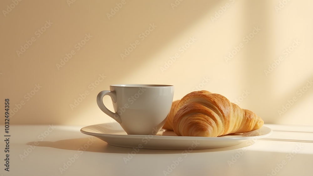 Poster Coffee and croissant displayed on a plate in a light background created using generative AI technology for a unique visual effect.