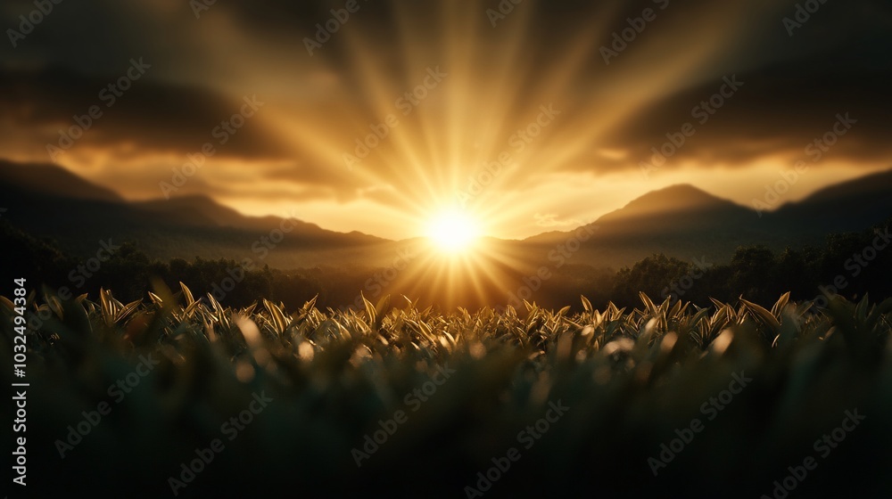 Wall mural dramatic sunrise over a field of tall grass with mountains in the background.