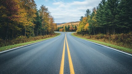 Fototapeta premium A winding road surrounded by colorful autumn trees under a cloudy sky.
