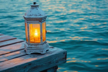 A Lit Lantern on a Wooden Dock Overlooking Water