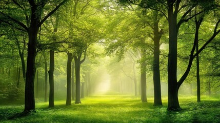 Fototapeta premium Enchanting forest covered in mist, with lush green trees, perfect for projects emphasizing mystery, nature, and serenity.