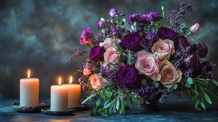Obraz premium Vibrant floral arrangement with candles in soft lighting.