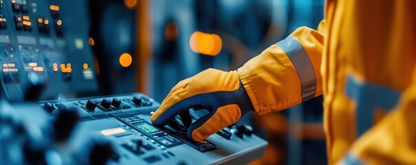 Closeup of worker's hand wearing protective gloves operating industrial machinery.