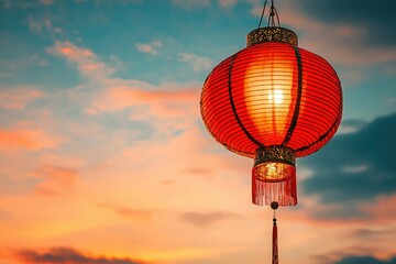 Obraz premium Red Chinese Lantern Hanging Against a Sunset Sky