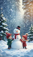 Fototapeta premium Cheerful Snowman Christmas Card: A Festive Winter Scene with Snowflakes, a Decorated Tree, and a Smiling Snowman in a Hat and Scarf, Spreading Holiday Joy in a Fun, Illustrated Winter Wonderland.