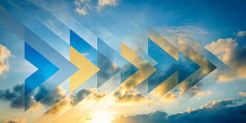 Geometric arrows cover the clear sky, harmoniously mixed with clouds and sunlight. The dynamic pattern stands out from the natural background, creating a sense of direction. Business background. AI ge