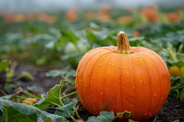 Obraz premium Vibrant Pumpkin Glistening with Dew in a Lush Field
