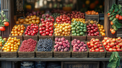 Obraz premium A colorful display of fresh fruits arranged in baskets at a market, showcasing a variety of vibrant produce